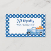 カボチャ赤ちゃんシャワーブループレイドトラックギフトレジストリ エンクロージャーカード (正面)