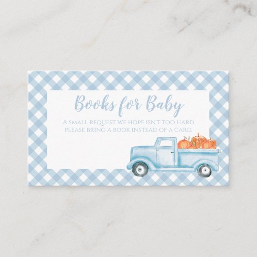 カボチャ赤ちゃんシャワーブループレイドトラックブックリクエスト エンクロージャーカード (正面)