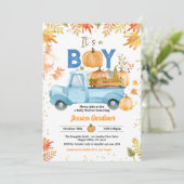 カボチャ赤ちゃんシャワーボーイブルートラック水色 招待状 (スタンド正面)