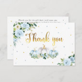 カボチャ赤ちゃんシャワーボーイ秋ブルーカボチャ サンキューカード (正面/裏面)