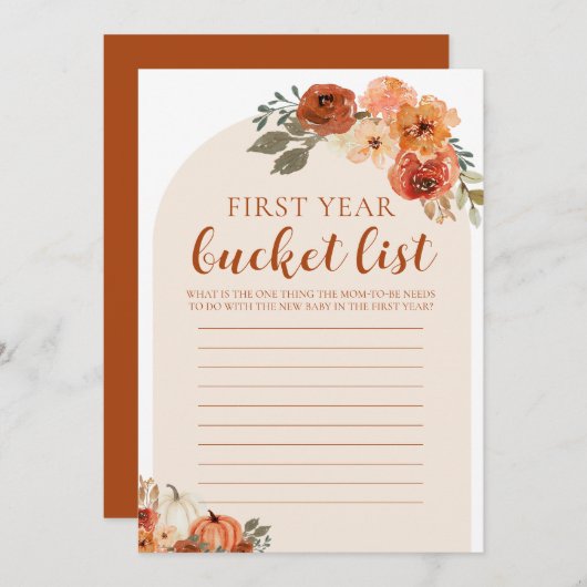 カボチャ赤ちゃんシャワー初年度バケットリストゲーム 招待状 (正面/裏面)
