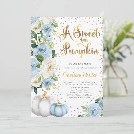 カボチャ赤ちゃんシャワー招待状男の子秋シャワー 招待状 (スタンド正面)