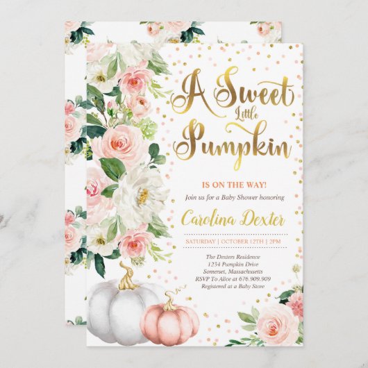 カボチャ赤ちゃんシャワー招待状赤面ピンクと金ゴールド 招待状 (正面/裏面)