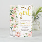 カボチャ赤ちゃんシャワー招待状赤面ピンクと金ゴールド 招待状 (スタンド正面)