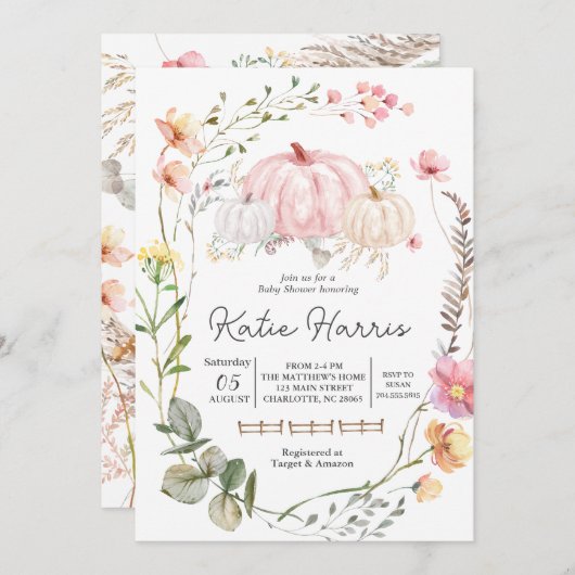 カボチャ赤ちゃんシャワー招待状、ピンクカボチャ招待状 招待状 (正面/裏面)