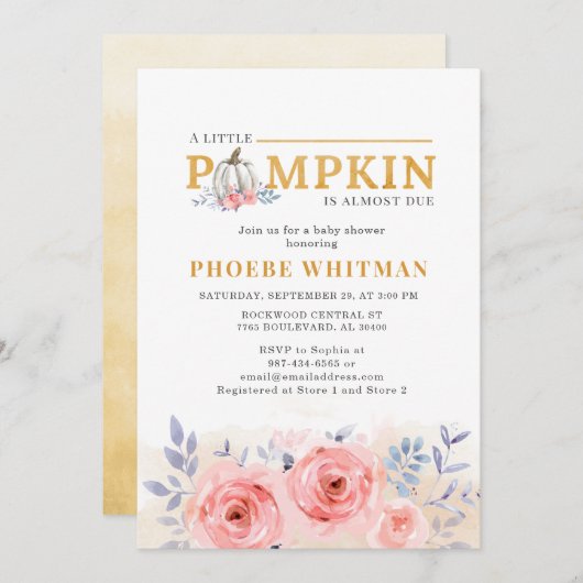 カボチャ赤ちゃんシャワー水色ピンクのバラ 招待状 (正面/裏面)