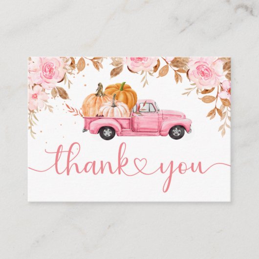 カボチャ赤ちゃんシャワー秋ピンクトラックありがとう エンクロージャーカード (正面)