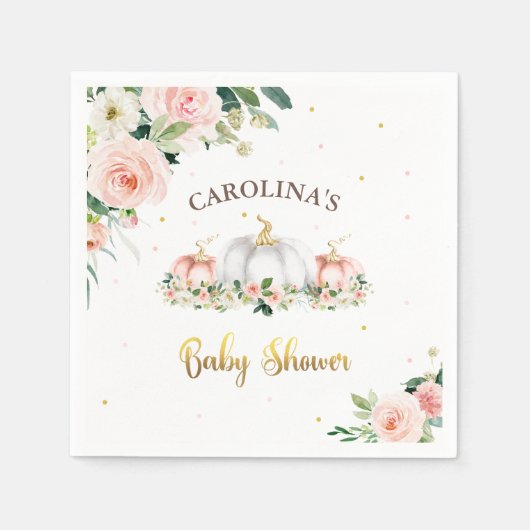 カボチャ赤ちゃんシャワー赤面ピンクと金ゴールド スタンダードカクテルナプキン (正面)