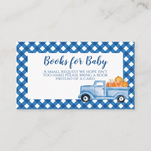 カボチャ赤ちゃんシャワー青トラックの本ベビー エンクロージャーカード (正面)