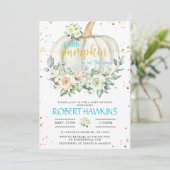 カボチャ赤ちゃんシャワー青金ゴールドエレガント招待状 招待状 (スタンド正面)