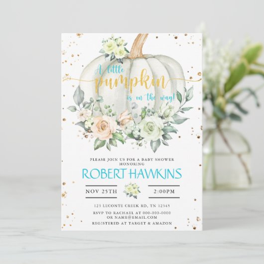 カボチャ赤ちゃんシャワー青金ゴールドエレガント招待状 招待状 (スタンド正面)