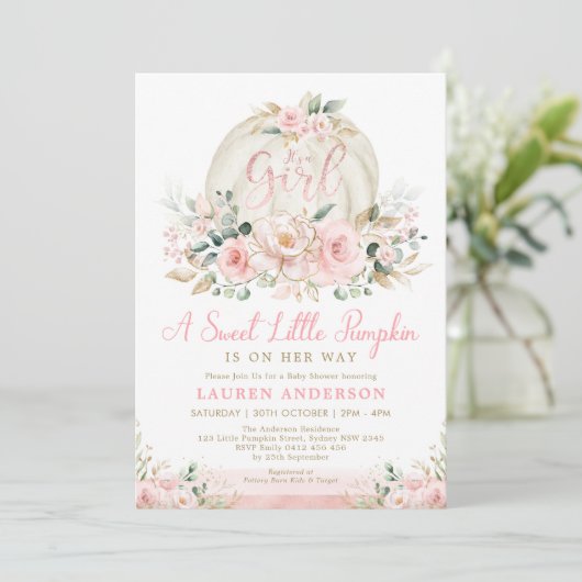 カボチャ赤面バラ金ゴールドフローラガールベビーシャワー 招待状 (スタンド正面)