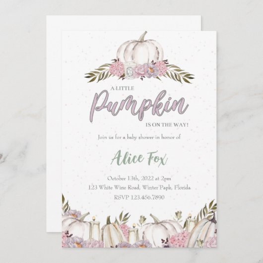 カボチャ赤面ピンクベビーシャワー招待状ガール 招待状 (正面/裏面)