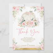 カボチャ赤面ピンク金ゴールドフローラ秋ベビーシャワー サンキューカード (正面)