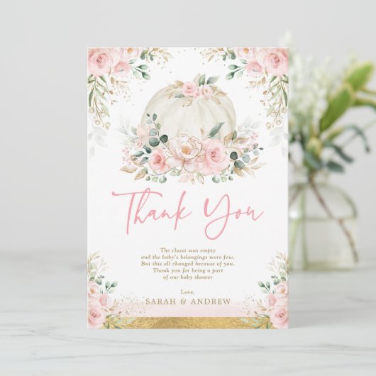 カボチャ赤面ピンク金ゴールドフローラ秋ベビーシャワー サンキューカード (スタンド正面)
