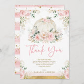 カボチャ赤面ピンク金ゴールドフローラ秋ベビーシャワー サンキューカード (正面/裏面)