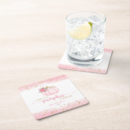 カボチャ赤面ピンク金ゴールドベビーガールシャワーのお気に入り スクエアペーパーコースター (インサイチュ)