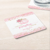 カボチャ赤面ピンク金ゴールドベビーガールシャワーのお気に入り スクエアペーパーコースター (アングル)