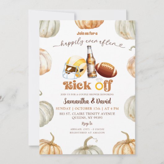 カボチャ足球蹴り上げカップルのシャワー 招待状 (正面)