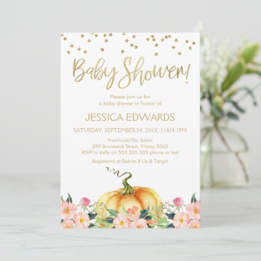 カボチャ金ゴールドの書道のベビーシャワーの招待状 招待状 (スタンド正面)