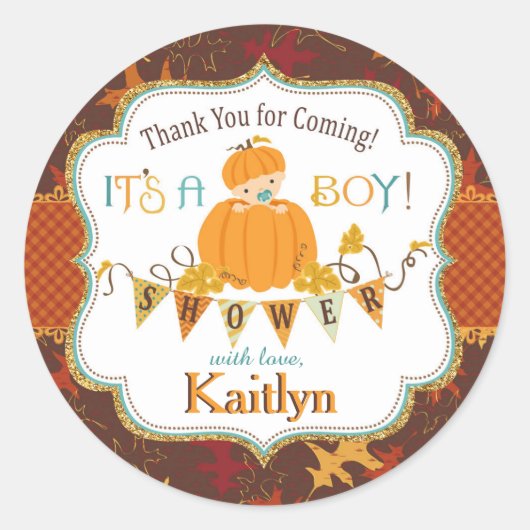 カボチャ金ゴールドグリッター秋オーク葉ベビーシャワー ラウンドシール (正面)