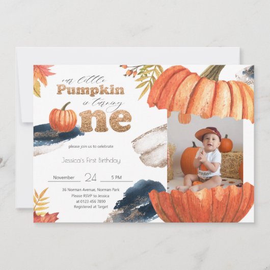 カボチャ金ゴールド秋最初の誕生日と写真 招待状 (正面)
