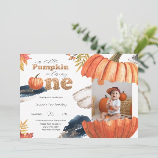 カボチャ金ゴールド秋最初の誕生日と写真 招待状 (スタンド正面)