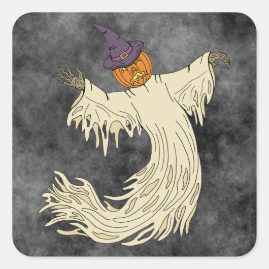 カボチャ頭の幽霊 ハロウィンアート スクエアシール (正面)