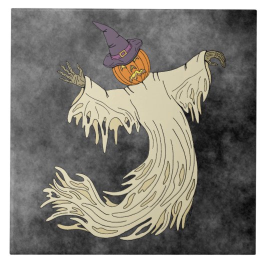 カボチャ頭の幽霊 ハロウィーンアート タイル (正面)