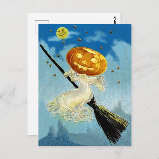 カボチャ魔法使いは夜にほうきで飛んでいます ポストカード (正面/裏面)