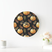 カボチャ黒の背景水の色パターン ラージ壁時計 (ホーム)