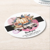 カボチャ黒ピンクフローラトラック赤ちゃんシャワー ラウンドペーパーコースター (アングル)