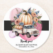 カボチャ黒ピンクフローラトラック赤ちゃんシャワー ラウンドペーパーコースター (正面)