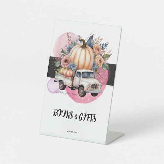 カボチャ黒ピンクフローラトラック赤ちゃんシャワー 台座サイン (正面)