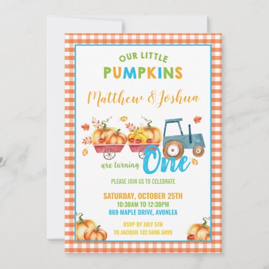 カボチャ1st誕生日パーティーハーベストトラックツインボーイズ 招待状 (正面)
