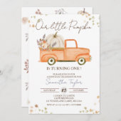 カボチャ1st誕生日、秋誕生日、オレンジトラック 招待状 (正面/裏面)