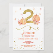 カボチャ2つの誕生日の第2秋のパーティーの金ゴールドの招待 招待状 (正面)