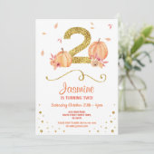 カボチャ2つの誕生日の第2秋のパーティーの金ゴールドの招待 招待状 (スタンド正面)
