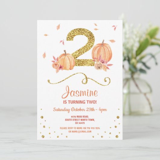 カボチャ2つの誕生日の第2秋のパーティーの金ゴールドの招待 招待状 (スタンド正面)