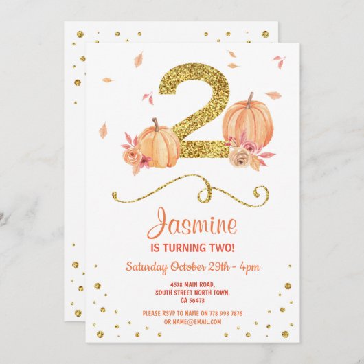 カボチャ2つの誕生日の第2秋のパーティーの金ゴールドの招待 招待状 (正面/裏面)