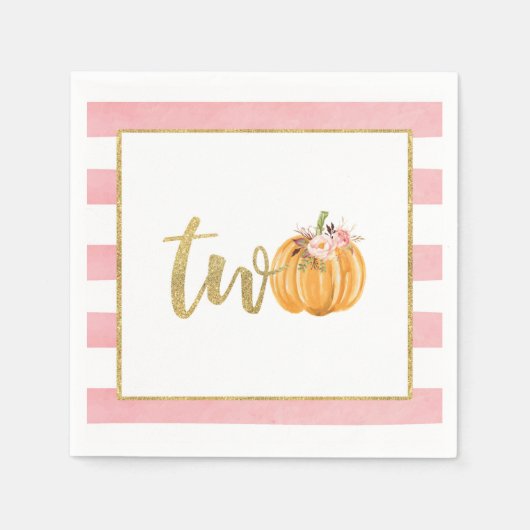カボチャ2nd誕生日ナプキン – ピンクストライプ色 スタンダードカクテルナプキン (正面)