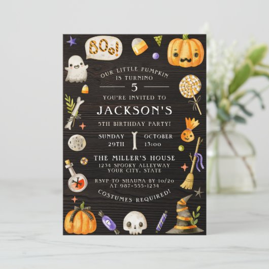 カボチャ&ウッド |ハロウィーン誕生日パーティーの写真 招待状 (スタンド正面)