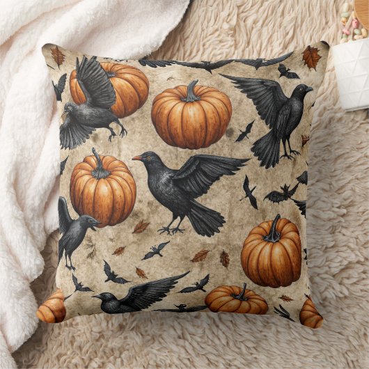 カボチャ、カラス、コウモリのハロウィンパターン クッション (ブランケット)