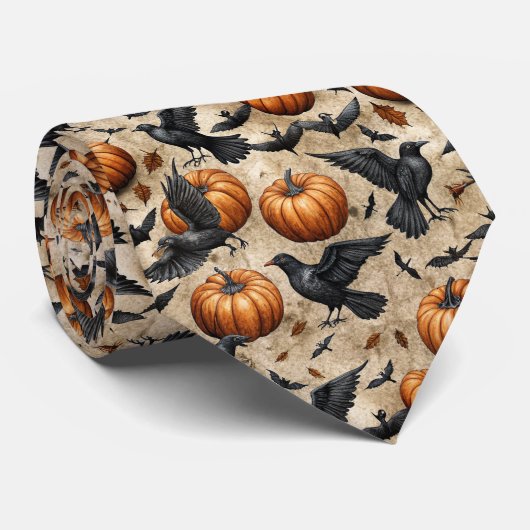 カボチャ、カラス、コウモリのハロウィンパターン ネクタイ (ロール)