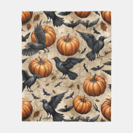 カボチャ、カラス、コウモリのハロウィンパターン フリースブランケット