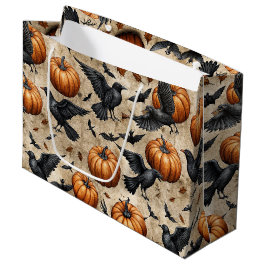 カボチャ、カラス、コウモリのハロウィンパターン ラージペーパーバッグ