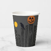 カボチャ、カラス、月が描かれたハロウィンのシーン 紙コップ (裏面)