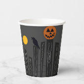 カボチャ、カラス、月が描かれたハロウィンのシーン 紙コップ (正面)