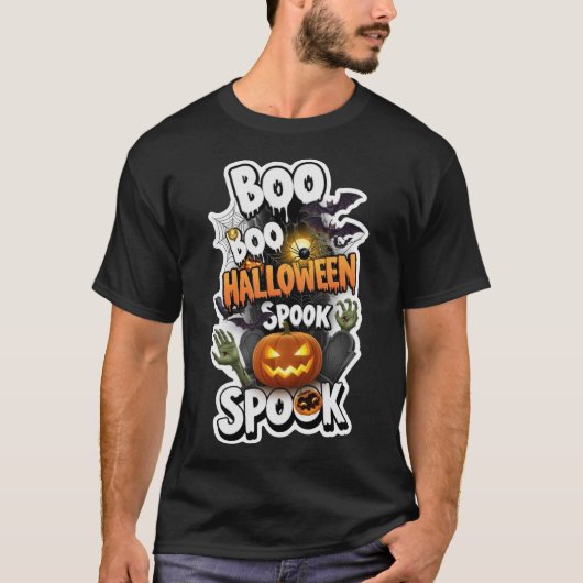 カボチャ コウモリ クモのハロウィンデザイン Tシャツ (正面)