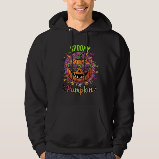 カボチャ サングラス 月 クモの巣 ドクロ ハロウィン パーカ (正面)